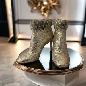 Women’s Boots Imagine Vince Camuto Gold Glitter Mesh Boots Heeled Ankle Booties