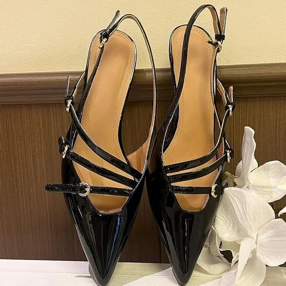Women's Slingback Kitten Heels Sexy Pointed Toe Low Heels with Buckle - Black