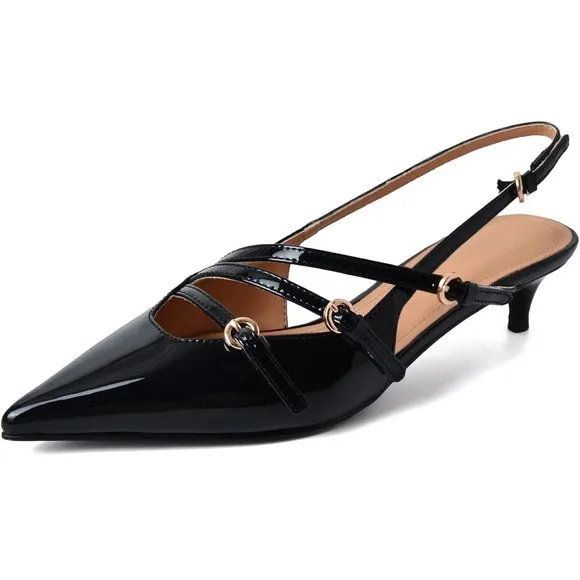 Women's Slingback Kitten Heels Sexy Pointed Toe Low Heels with Buckle - Black