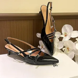 Women's Slingback Kitten Heels Sexy Pointed Toe Low Heels with Buckle - Black