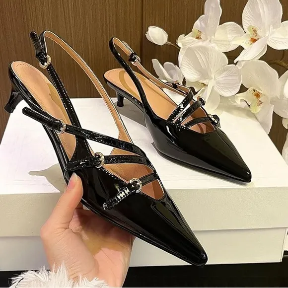 Women's Slingback Kitten Heels Sexy Pointed Toe Low Heels with Buckle - Black
