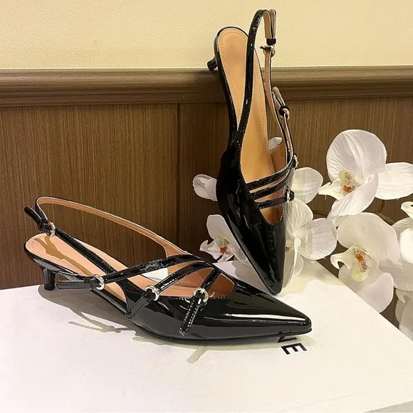 Women's Slingback Kitten Heels Sexy Pointed Toe Low Heels with Buckle - Black