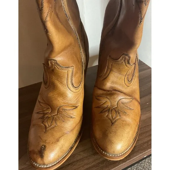 Womens Vintage Dingo Tan Leather Heeled Embroidered Rockabilly Cowboy Boots 9.5