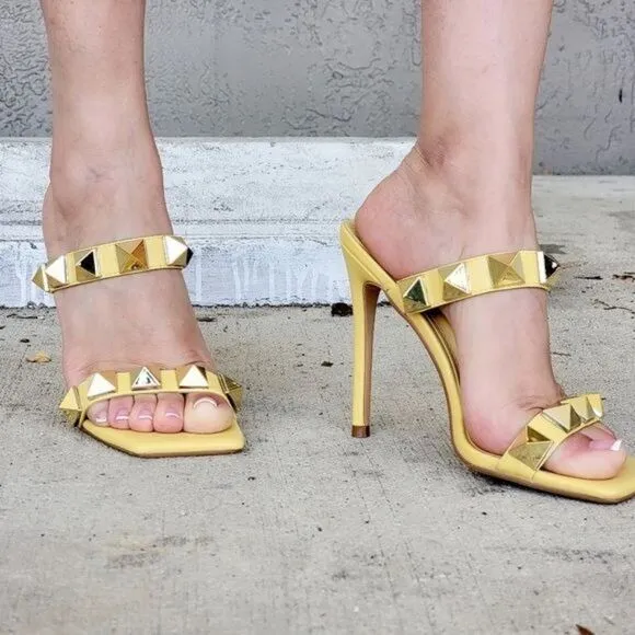 Women's Yellow Studded High Heel Square Open Toe Shoes
