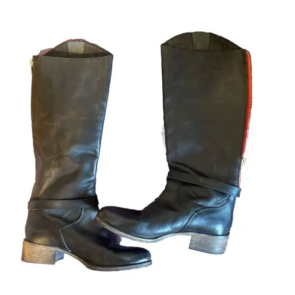 Y2K Italian Moto Boots Charles David Women Leather 5.5 Veto Cuoio Black Zip Back