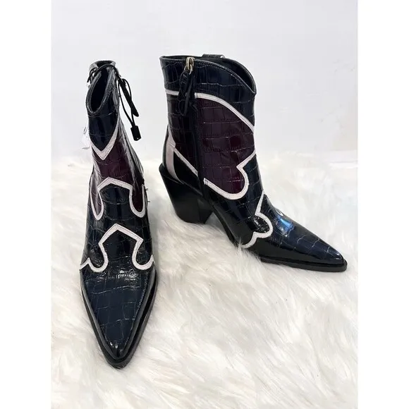Zara Leather Heeled Cowboy Ankle Boots Black Multicolored Women Size US 6.5