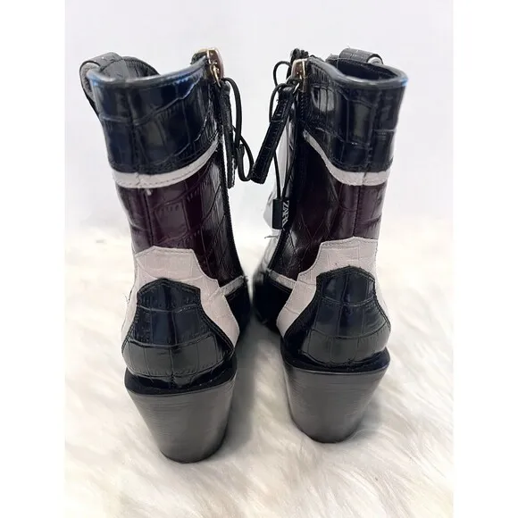 Zara Leather Heeled Cowboy Ankle Boots Black Multicolored Women Size US 6.5