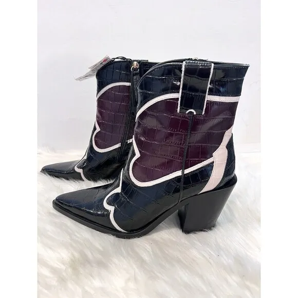 Zara Leather Heeled Cowboy Ankle Boots Black Multicolored Women Size US 6.5