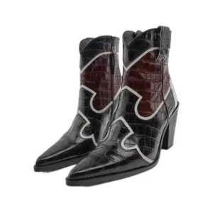 Zara Leather Heeled Cowboy Ankle Boots Black Multicolored Women Size US 6.5