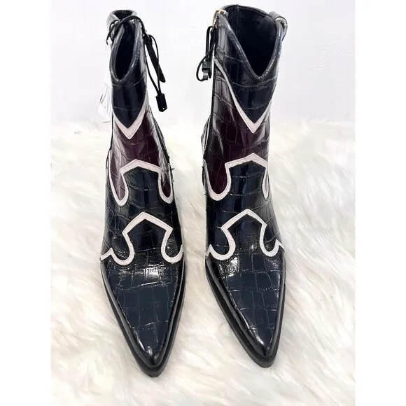 Zara Leather Heeled Cowboy Ankle Boots Black Multicolored Women Size US 6.5