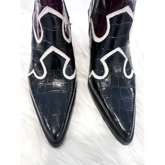 Zara Leather Heeled Cowboy Ankle Boots Black Multicolored Women Size US 6.5