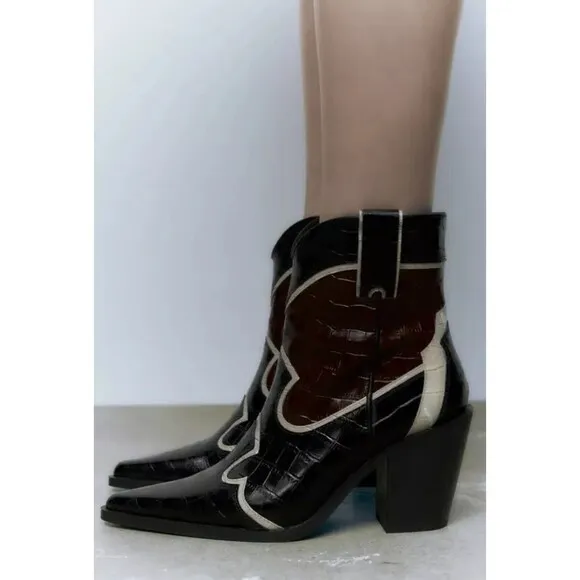 Zara Leather Heeled Cowboy Ankle Boots Black Multicolored Women Size US 6.5