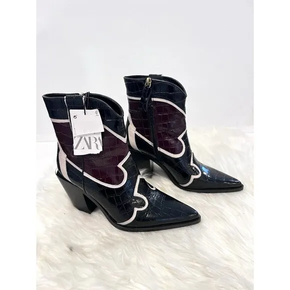 Zara Leather Heeled Cowboy Ankle Boots Black Multicolored Women Size US 6.5