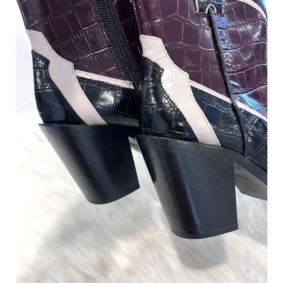 Zara Leather Heeled Cowboy Ankle Boots Black Multicolored Women Size US 6.5
