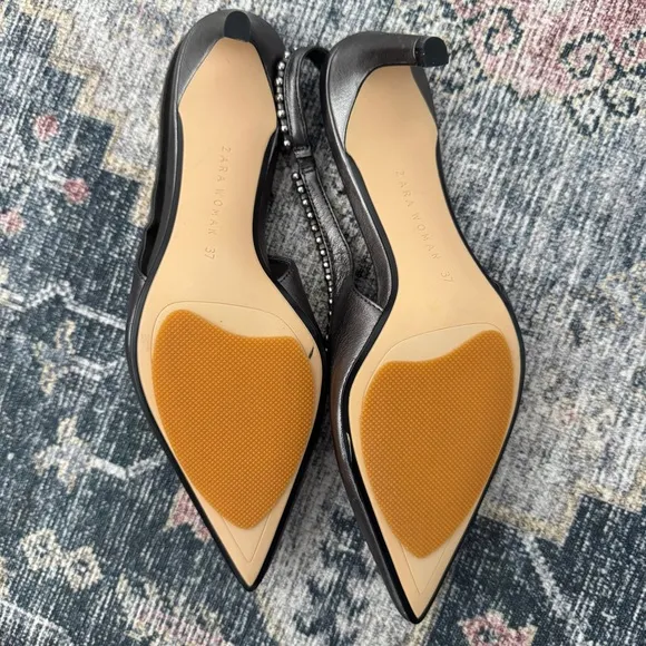 Zara Metallic Grey Gunmetal Leather Slingback Heels Sz 37 ~ NEW (READ)