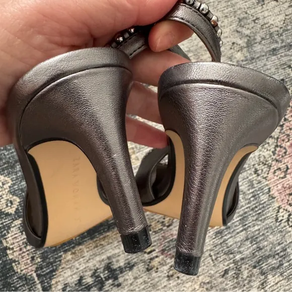 Zara Metallic Grey Gunmetal Leather Slingback Heels Sz 37 ~ NEW (READ)