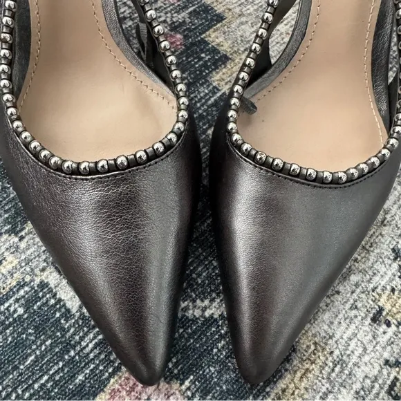 Zara Metallic Grey Gunmetal Leather Slingback Heels Sz 37 ~ NEW (READ)