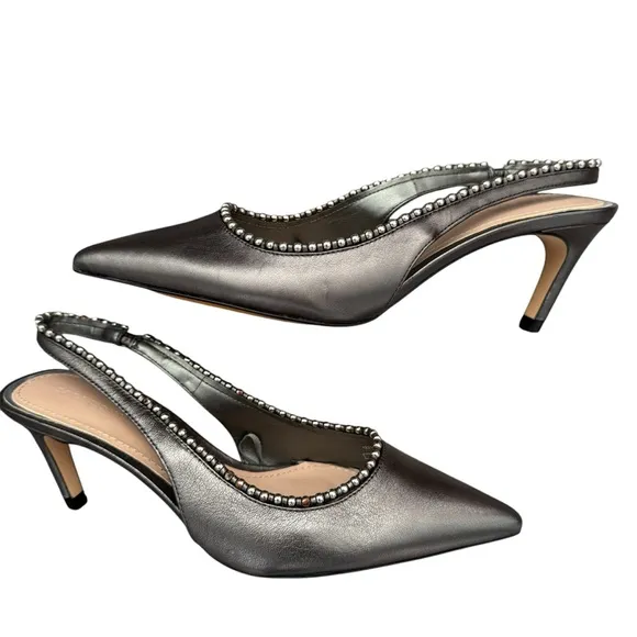 Zara Metallic Grey Gunmetal Leather Slingback Heels Sz 37 ~ NEW (READ)