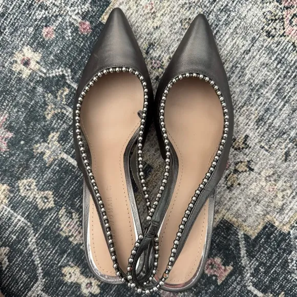 Zara Metallic Grey Gunmetal Leather Slingback Heels Sz 37 ~ NEW (READ)