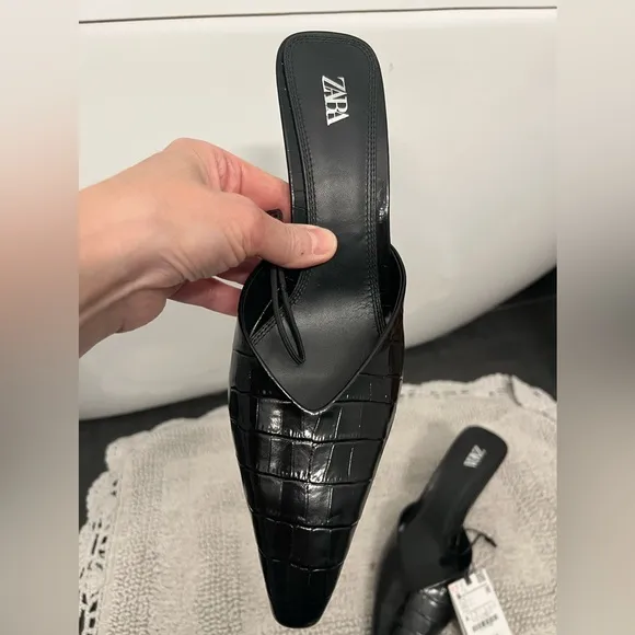Zara Women's Black Croc-Embossed Mules, Size 40/9