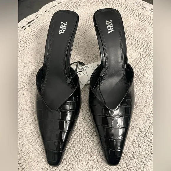 Zara Women's Black Croc-Embossed Mules, Size 40/9